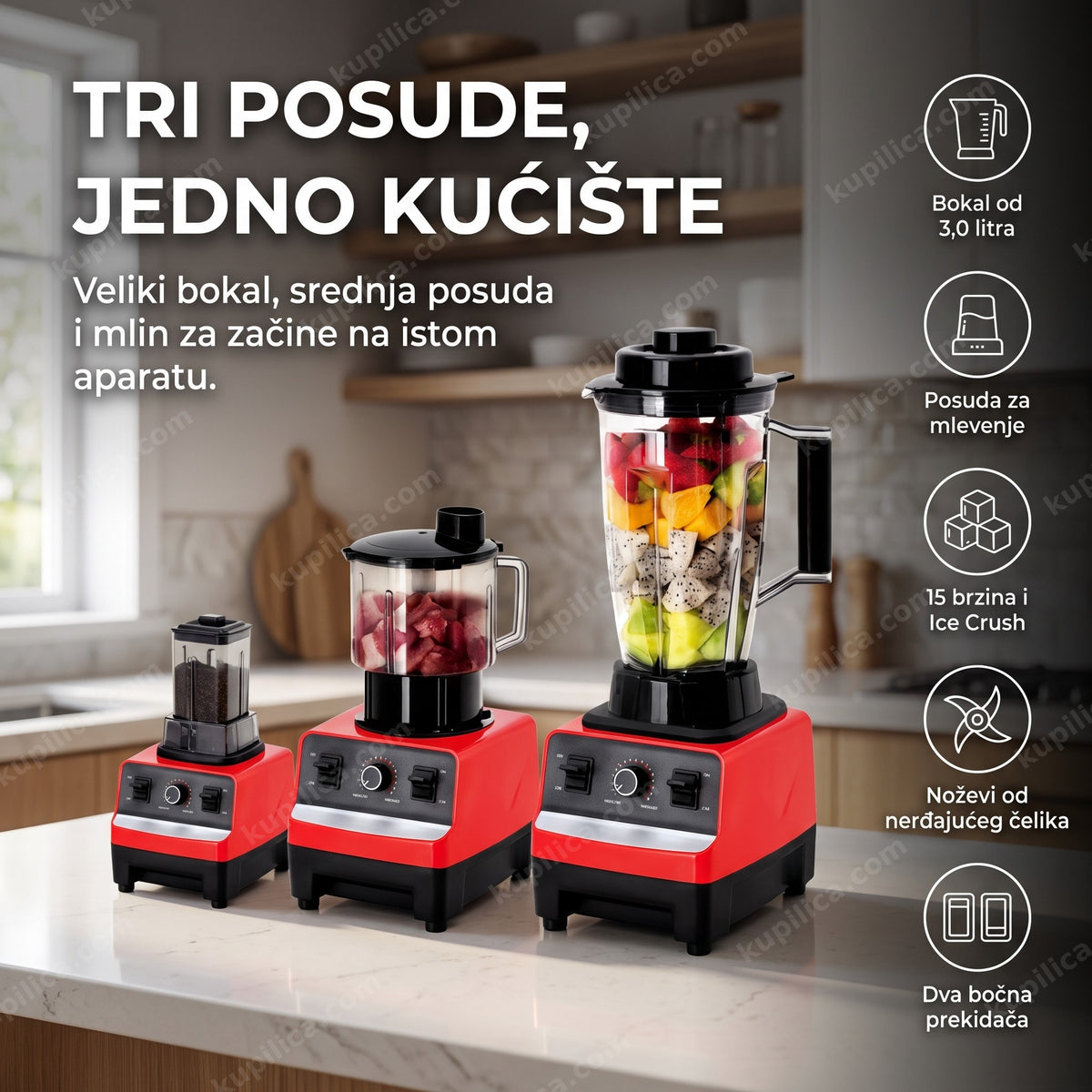 crni i crveni blender sa tri posude i okretnim regulatorom brzine