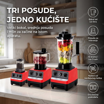 crni i crveni blender sa tri posude i okretnim regulatorom brzine