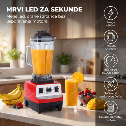 blender za kuhinju 4500w, blender sa voćem i smoothie sastojcima na kuhinjskom pultu, benefiti proizvoda