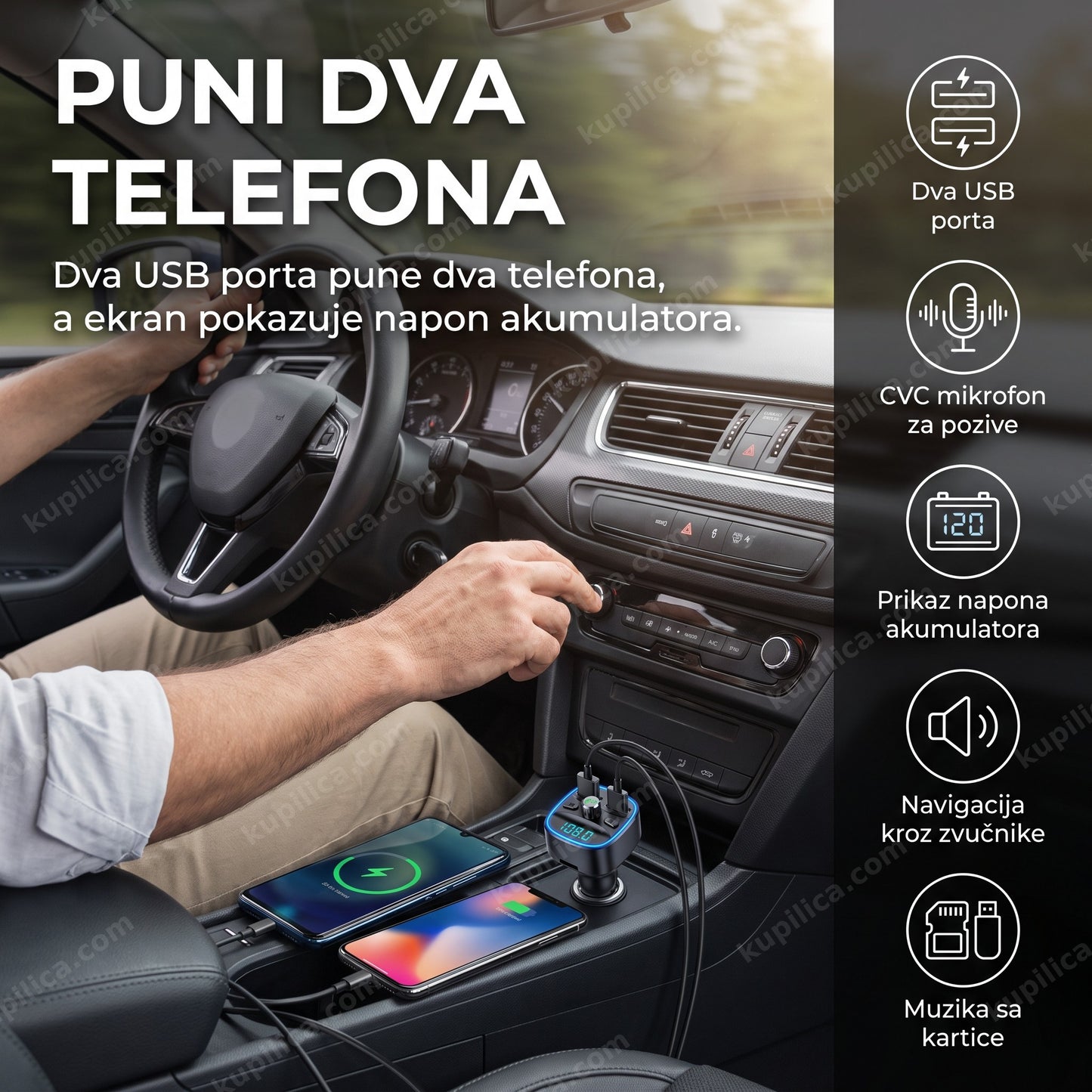 bluetooth fm transmiter dva usb — vozač puni dva telefona u autu preko uređaja na tabli