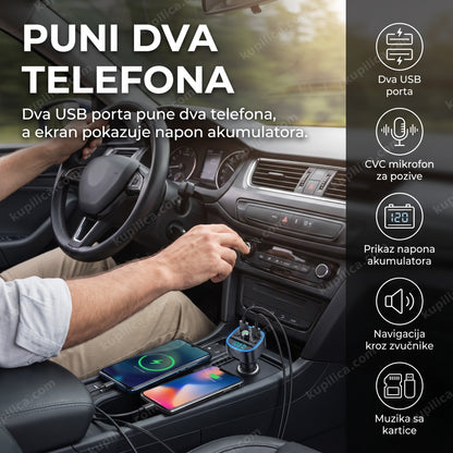 bluetooth fm transmiter dva usb — vozač puni dva telefona u autu preko uređaja na tabli