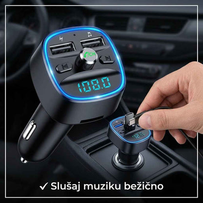 FM transmiter FM-A23 — uređaj u upaljaču automobila sa plavim LED prstenom, dva USB porta i displejom