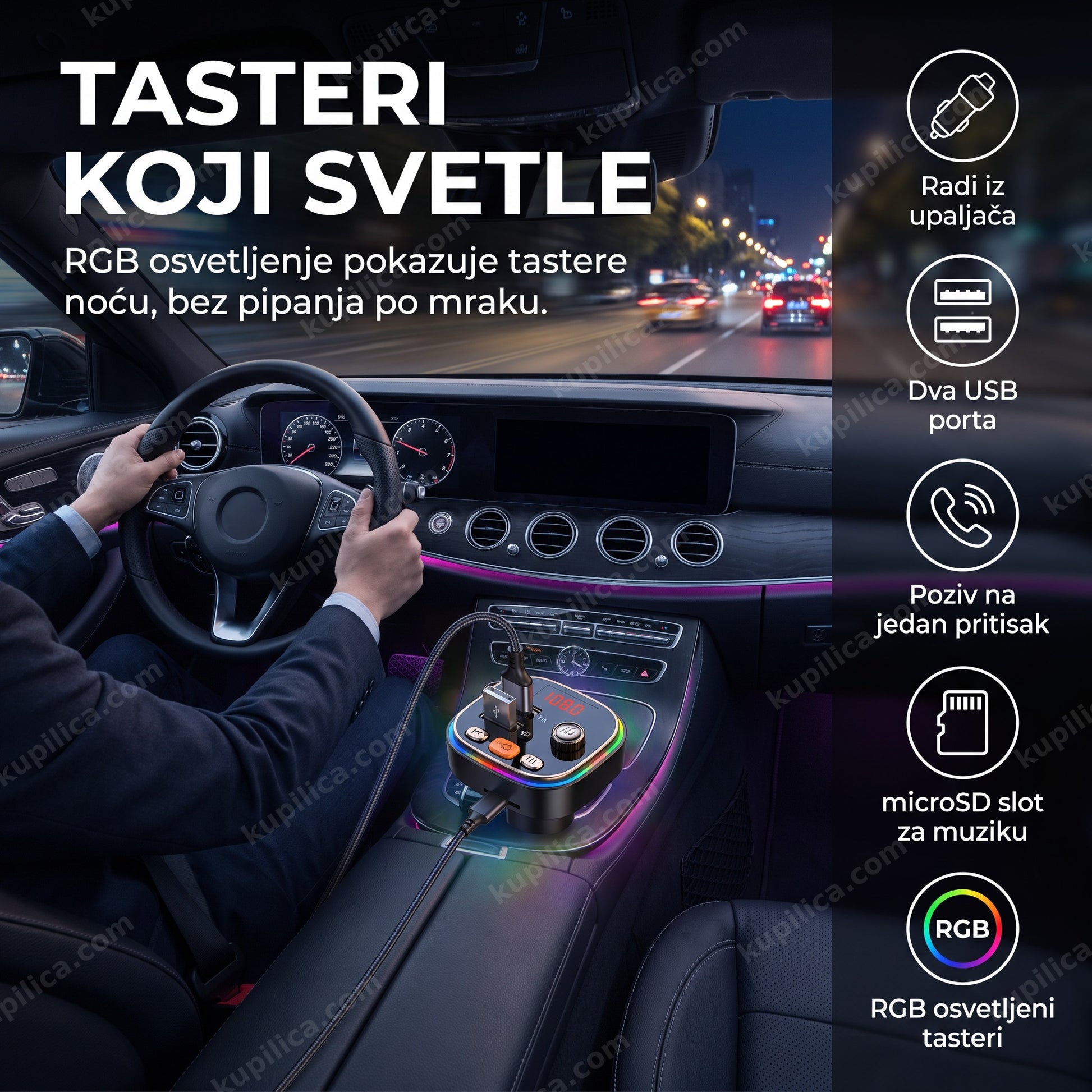 bluetooth fm transmiter rgb — vozač noću koristi uređaj sa osvetljenim tasterima u autu