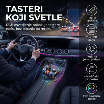 bluetooth fm transmiter rgb — vozač noću koristi uređaj sa osvetljenim tasterima u autu