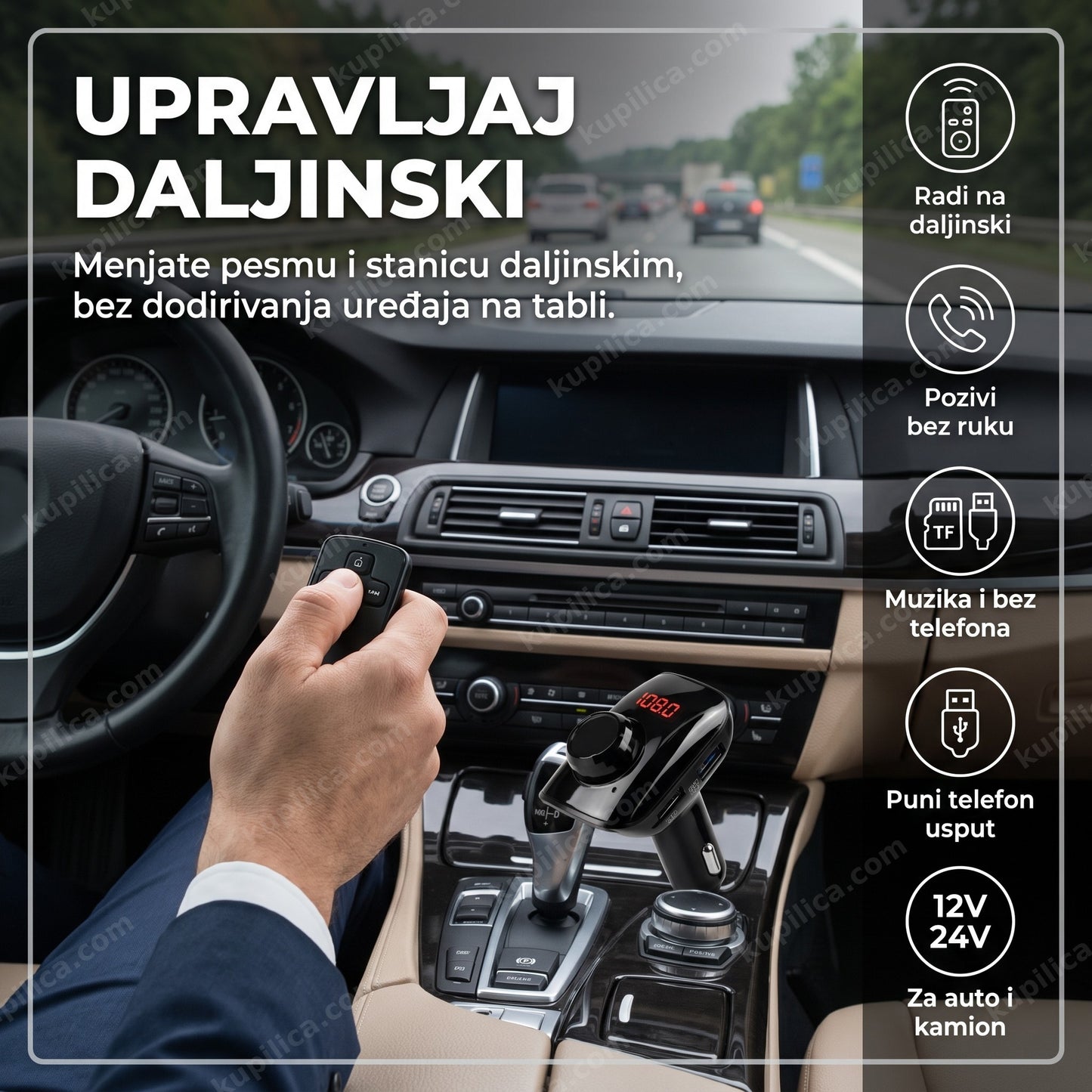 bluetooth fm transmiter sa daljinskim — vozač menja pesmu daljinskim upravljačem u autu