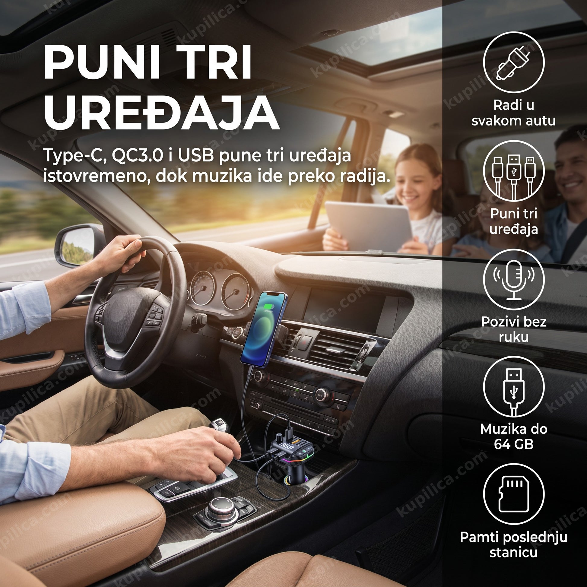 bluetooth fm transmiter tri punjača — porodica puni tri telefona u autu tokom putovanja