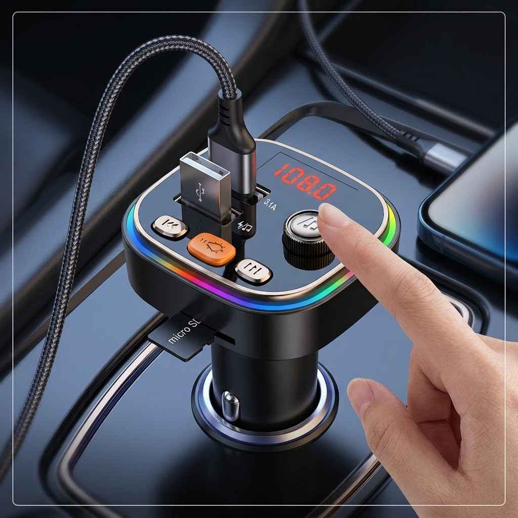 fm transmiter za auto C20 RGB — uređaj sa displejem, tasterima i dva USB porta