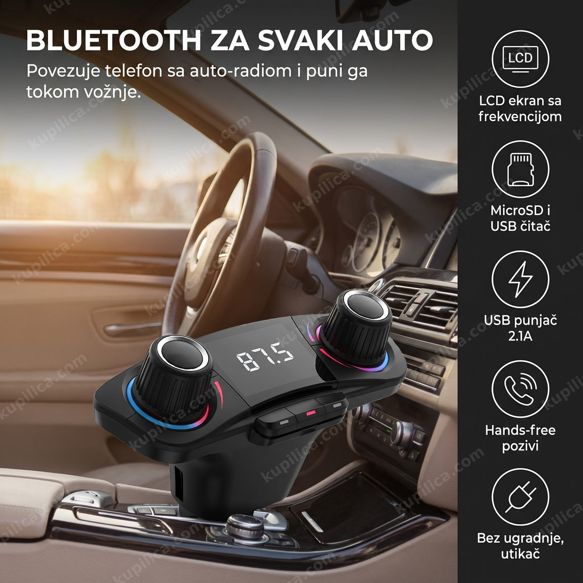 bluetooth fm transmiter za auto sa lcd ekranom u enterijeru automobila, benefiti proizvoda