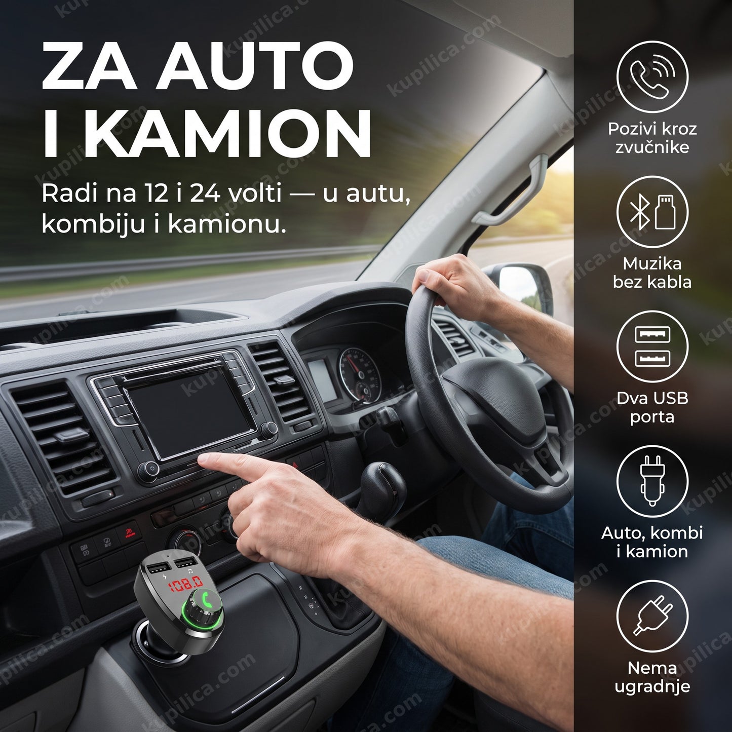 bluetooth fm transmiter za kombi — vozač kombija koristi uređaj na tabli, telefon u držaču