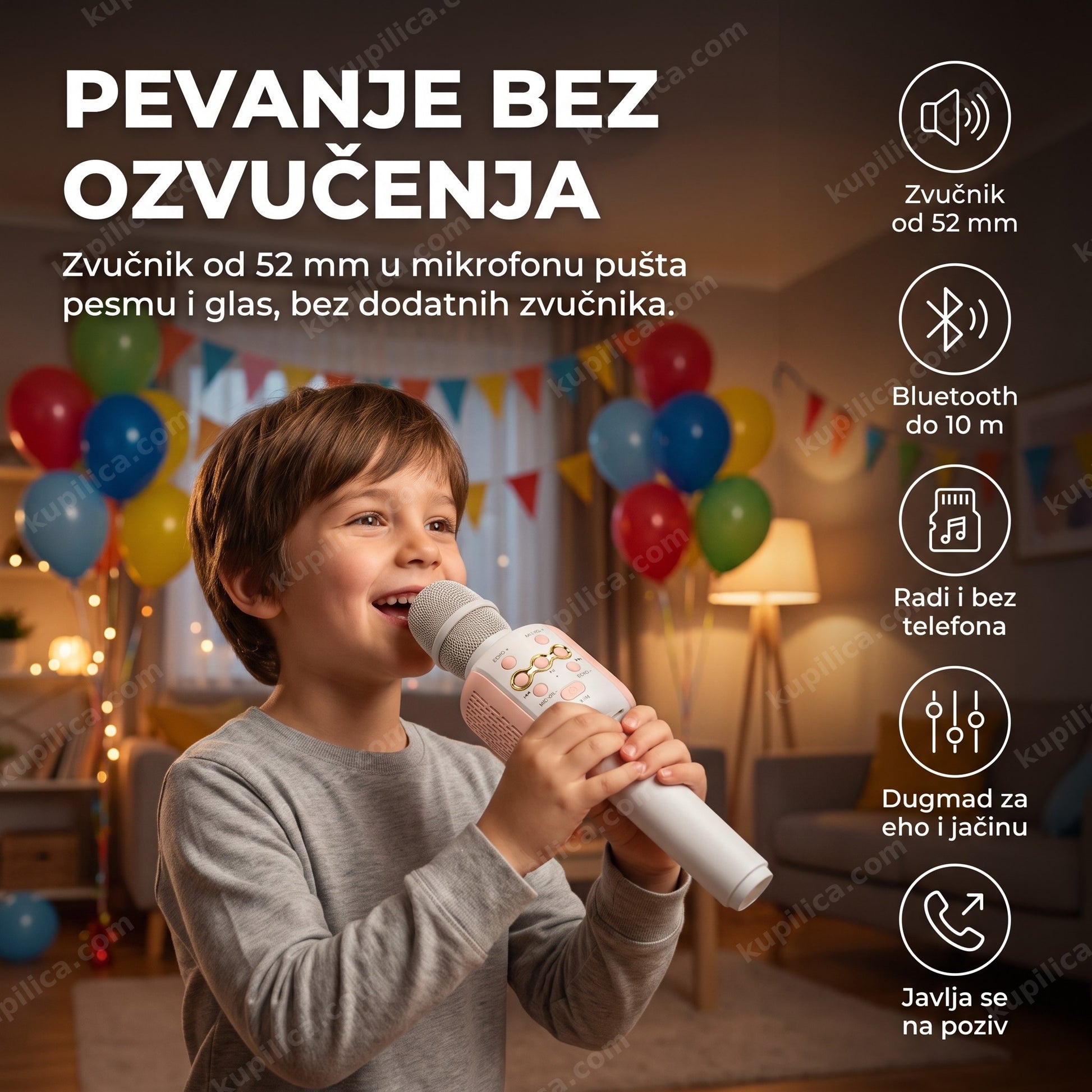 bluetooth karaoke mikrofon — dete peva na rođendanskoj proslavi kod kuće, benefiti proizvoda