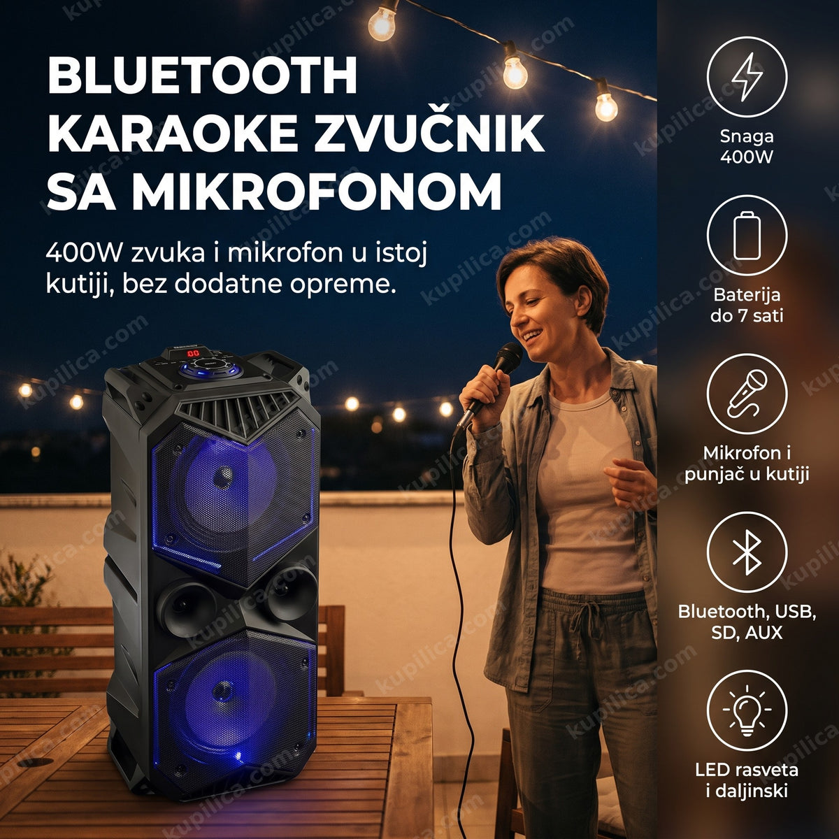 Bluetooth karaoke zvučnik sa mikrofonom na terasi uveče, benefiti proizvoda