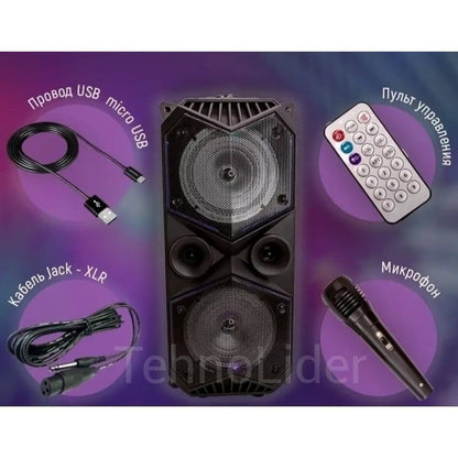 karaoke zvučnik sa prikazom USB kabla, daljinskog upravljača, kabla jack-XLR i mikrofona
