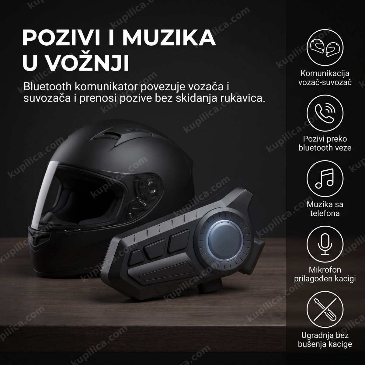 crni bluetooth komunikator za kacigu pored otvorene motociklističke kacige na stolu