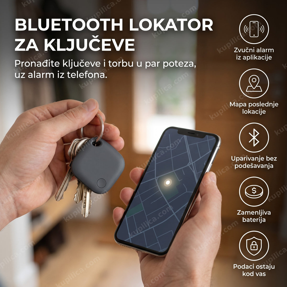 Bluetooth lokator kači se na privezak ključeva uz telefon sa mapom, benefiti proizvoda