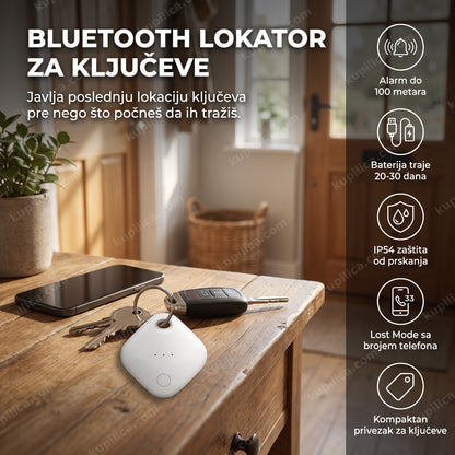 bluetooth lokator za ključeve okačen na privezak pored ulaznih vrata sa prikazom benefita proizvoda