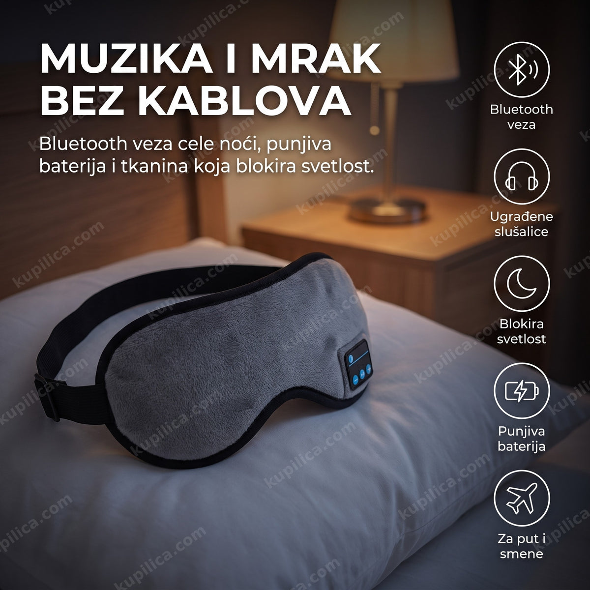 bluetooth maska za spavanje — leži na jastuku uz prigušeno noćno svetlo
