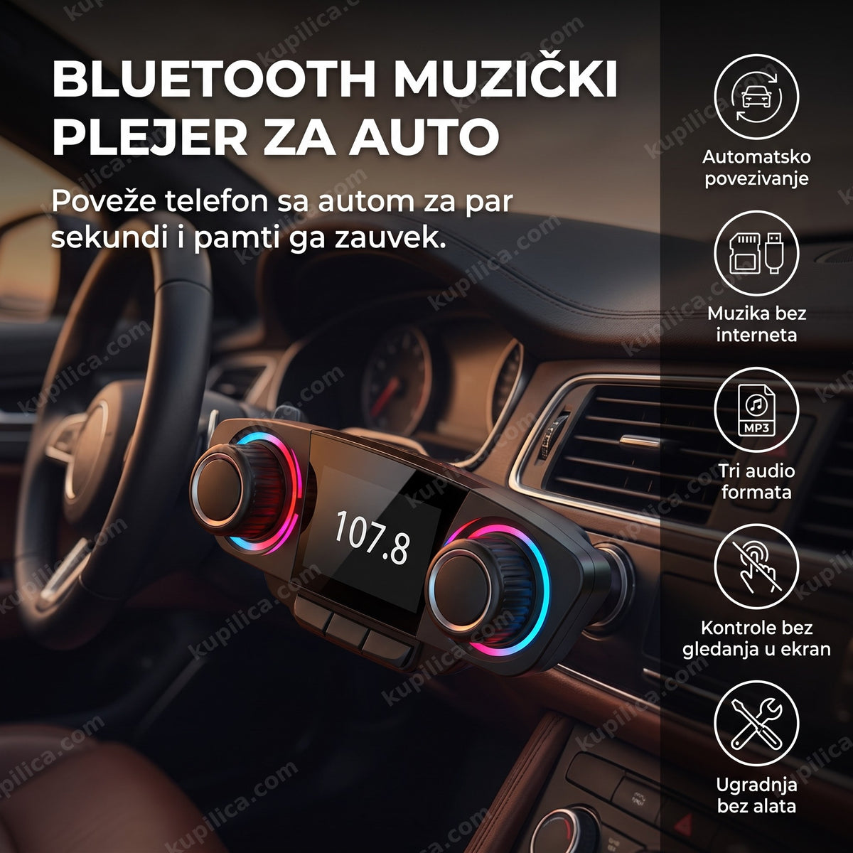 Bluetooth muzički plejer montiran u enterijeru automobila sa osvetljenim dugmićima, benefiti proizvoda