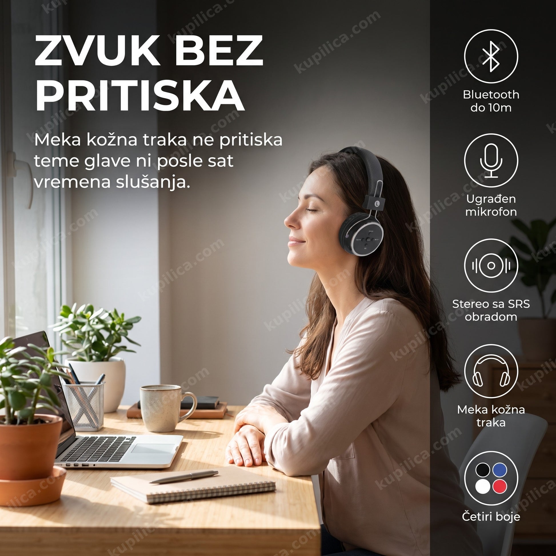 bluetooth naglavne slušalice — osoba nosi udobne slušalice sa kožnom trakom kod kuće
