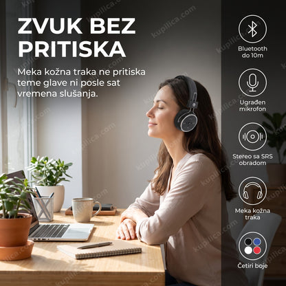 bluetooth naglavne slušalice — osoba nosi udobne slušalice sa kožnom trakom kod kuće