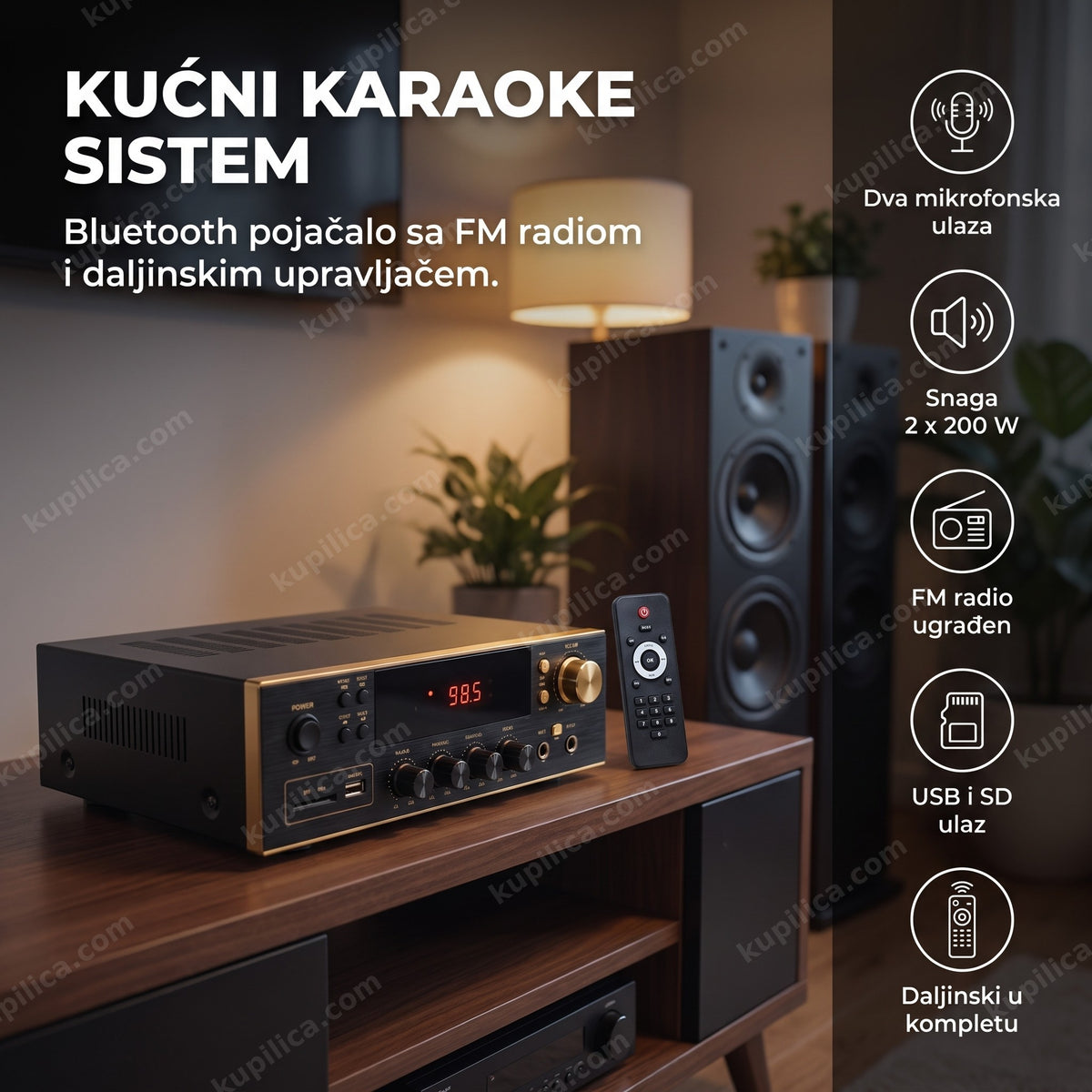Crno bluetooth pojačalo sa FM radiom i daljinskim na polici, benefiti proizvoda