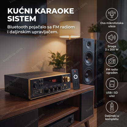 Crno bluetooth pojačalo sa FM radiom i daljinskim na polici, benefiti proizvoda