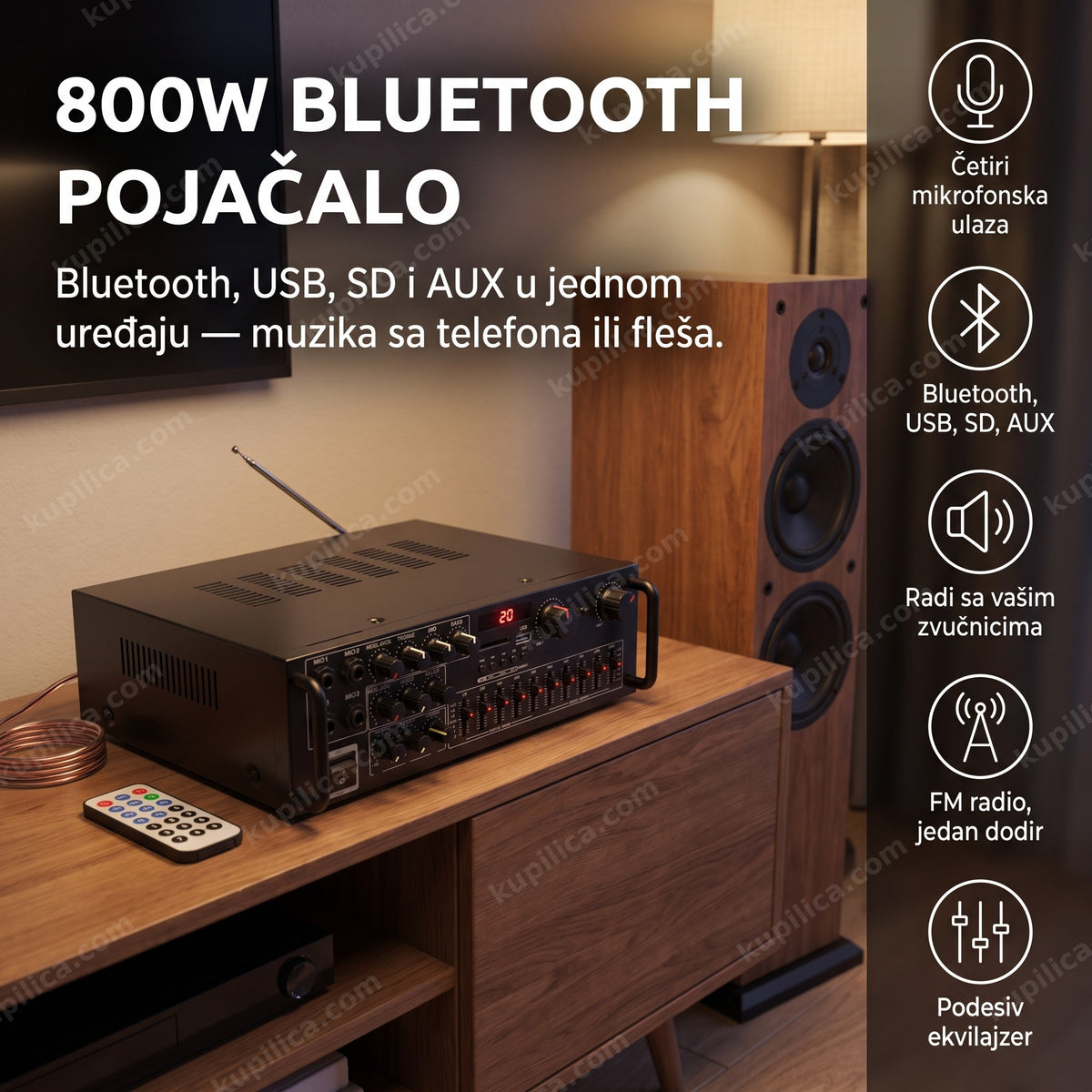 Bluetooth pojačalo sa mikrofonom i ekvilajzerom u kućnom audio kutku