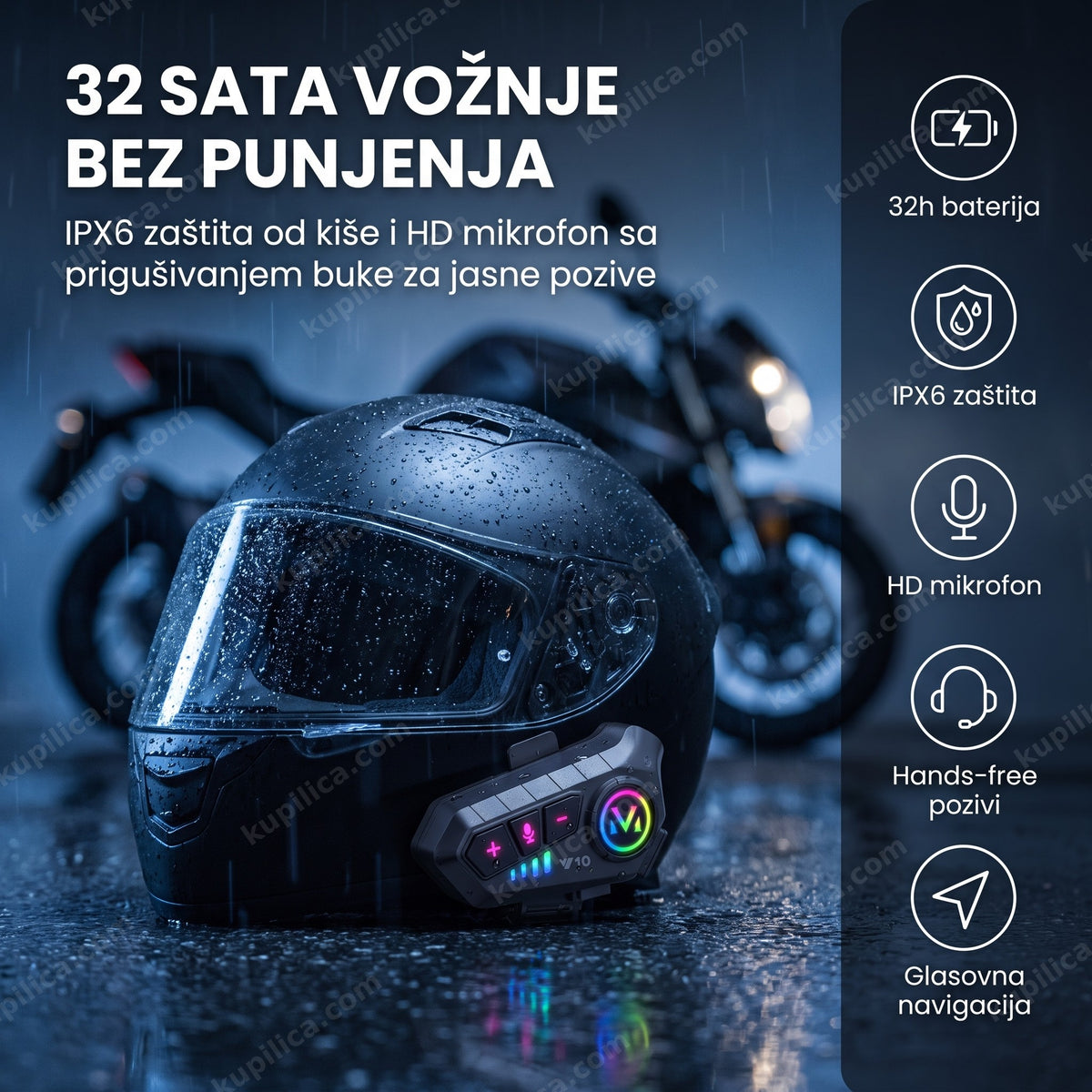 bluetooth slušalica za kacigu — V10 Pro montirana na kacigu