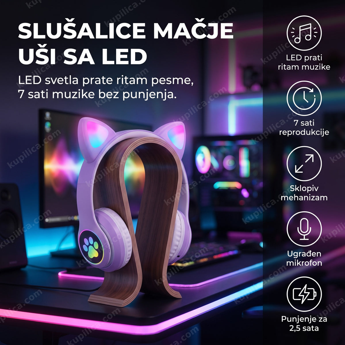 Bluetooth slušalice mačje uši sa LED svetlom na stalku u sobi - benefiti proizvoda