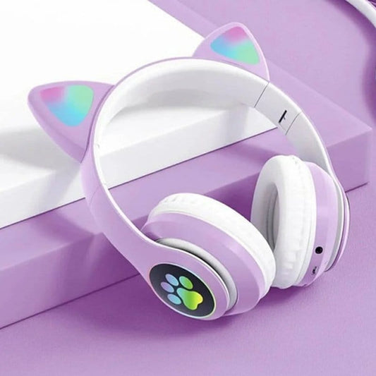 bluetooth slušalice mačje uši sa led svetlom u ljubičastoj boji, uši sa RGB sjajem