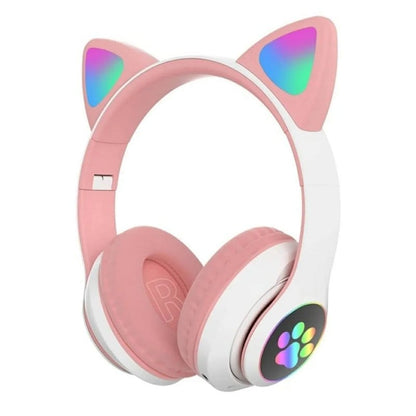 roze-bele bluetooth slušalice mačje uši sa led svetlom na ušima i školjkama