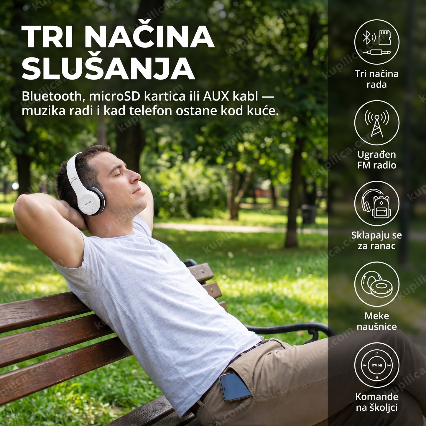 bluetooth slušalice sa fm radiom — osoba sluša muziku na klupi u parku, benefiti proizvoda