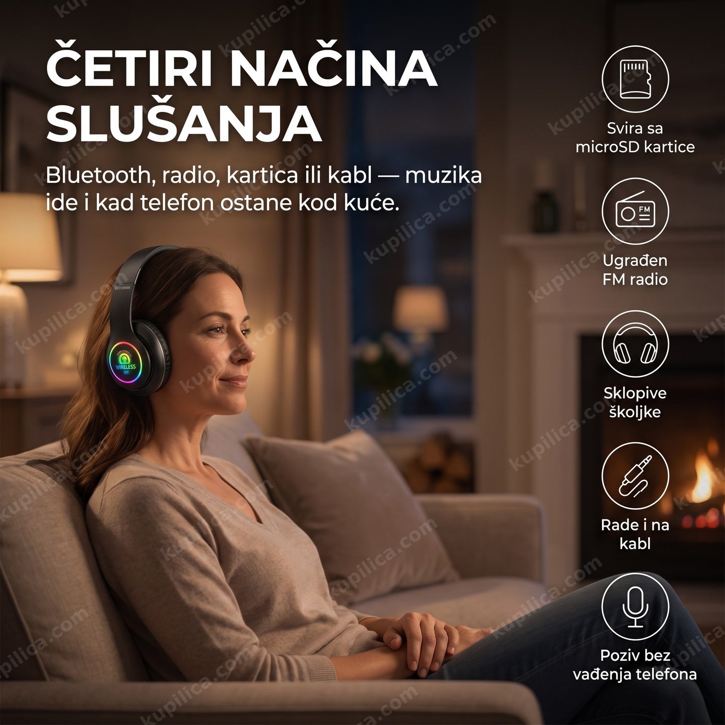 bluetooth slušalice sa fm radiom — osoba sluša muziku kod kuće preko slušalica sa FM radiom