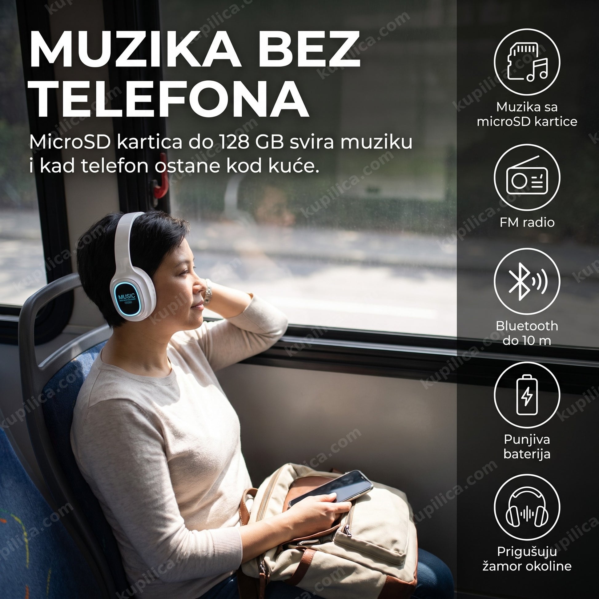 bluetooth slušalice sa microsd karticom — osoba sluša muziku u prevozu, benefiti proizvoda