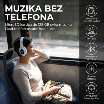 bluetooth slušalice sa microsd karticom — osoba sluša muziku u prevozu, benefiti proizvoda