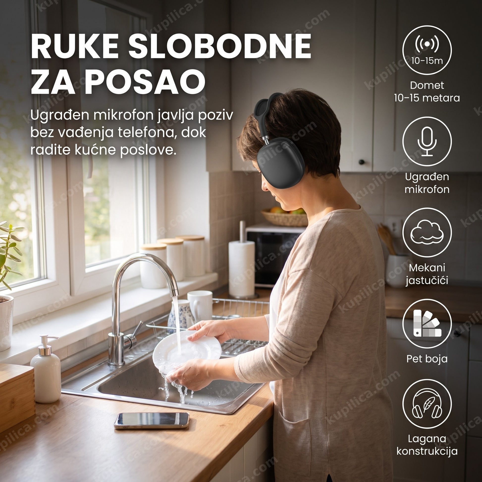 bluetooth slušalice sa mikrofonom — osoba pere sudove i sluša podkast, benefiti proizvoda