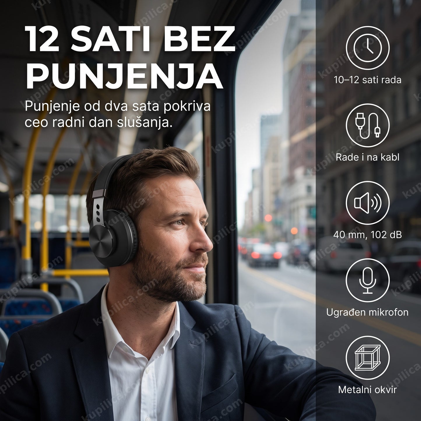 bluetooth slušalice sa mikrofonom — osoba nosi slušalice sa metalnim okvirom u gradskom prevozu