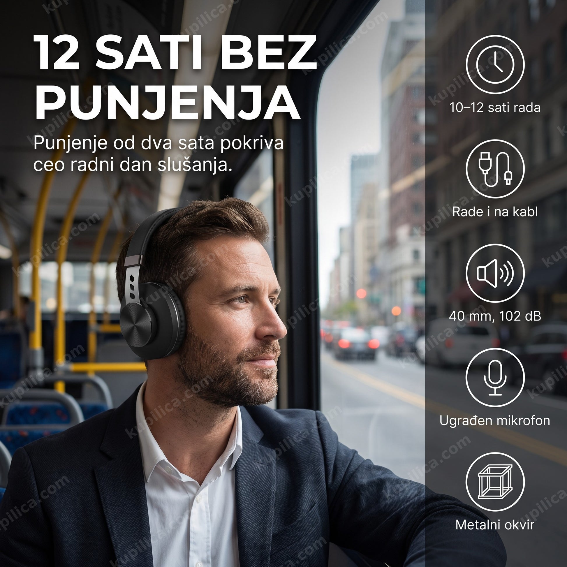 bluetooth slušalice sa mikrofonom — osoba nosi slušalice sa metalnim okvirom u gradskom prevozu