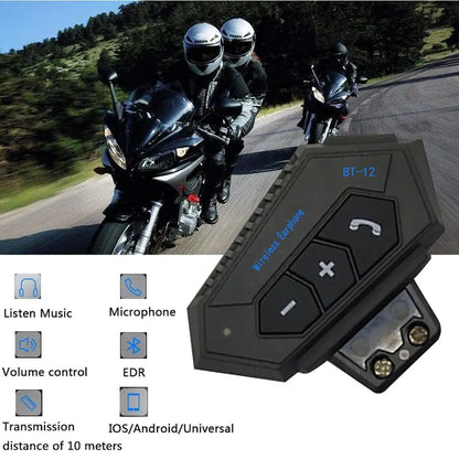 bluetooth slušalice za motor BT-12 sa dugmadima za poziv i jačinu zvuka, motociklisti na putu