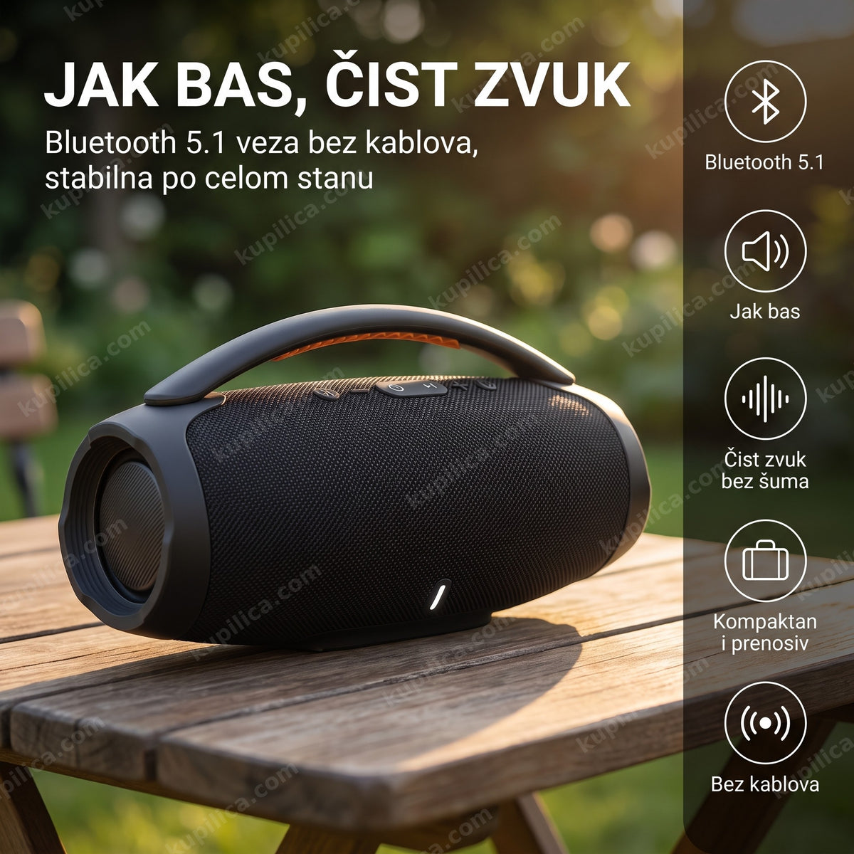 bluetooth zvučnik Boom Box 3 na drvenom baštenskom stolu