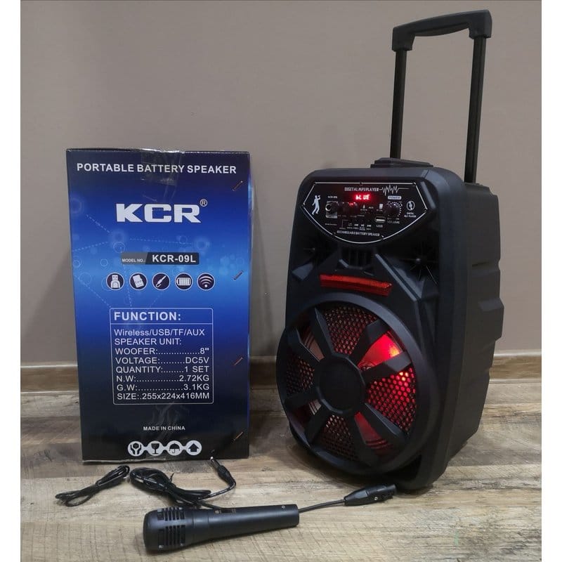 kutija sa specifikacijama zvučnika kcr-09l, crveno led osvetljenje i mikrofon sa kablom