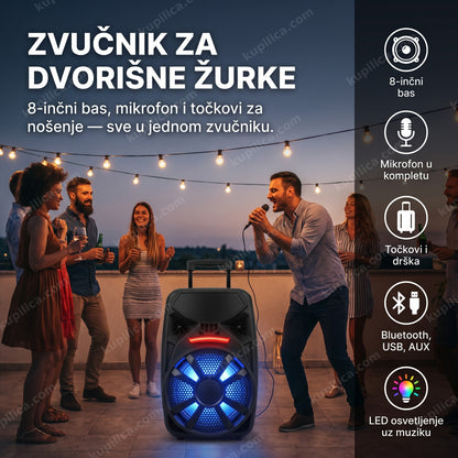 Crni bluetooth zvučnik sa mikrofonom na točkovima na dvorišnoj žurki odraslih, benefiti proizvoda