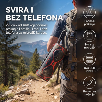 Prenosivi Bluetooth zvučnik MMS-39 10W okačen na ranac na izletu