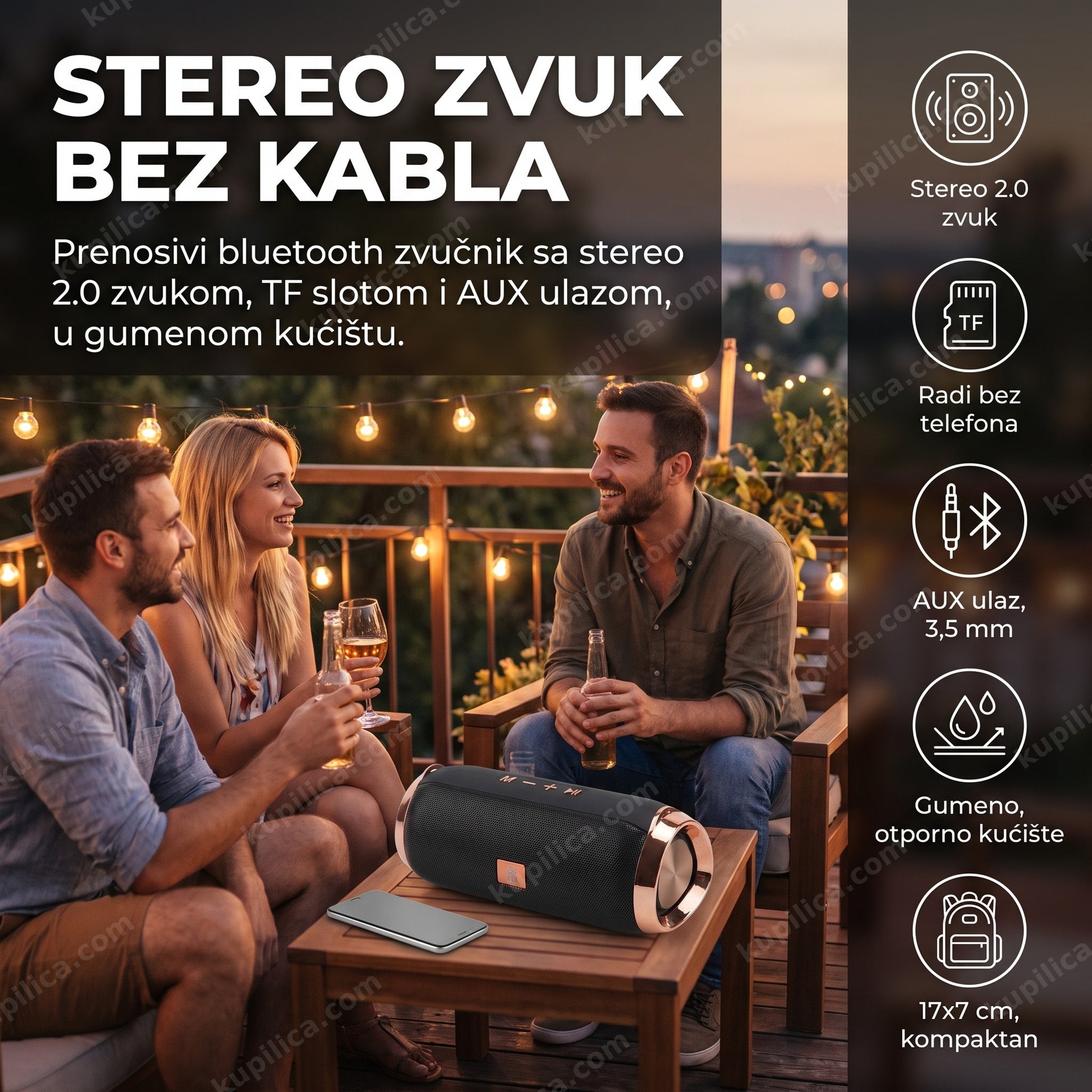 prenosivi bluetooth zvučnik — prijatelji slušaju muziku sa malog zvučnika na terasi uveče, stereo 2.0 zvuk, radi bez telefona, gumeno otporno kućište