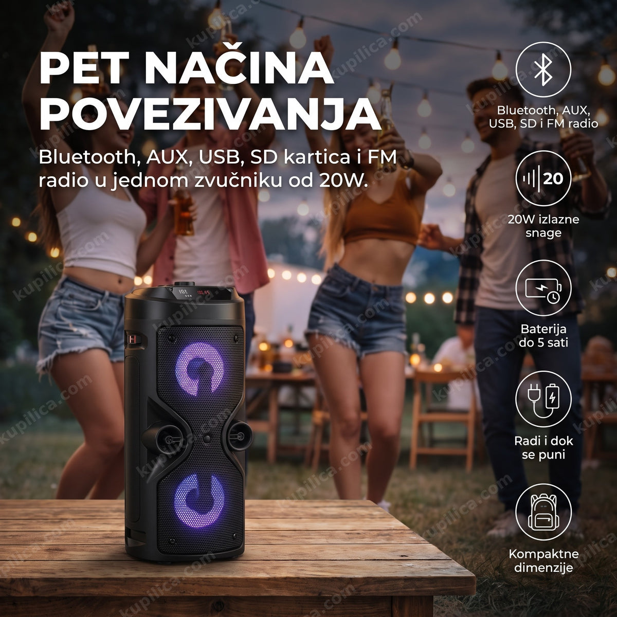 prenosivi bluetooth zvučnik na žurki u dvorištu, benefiti proizvoda
