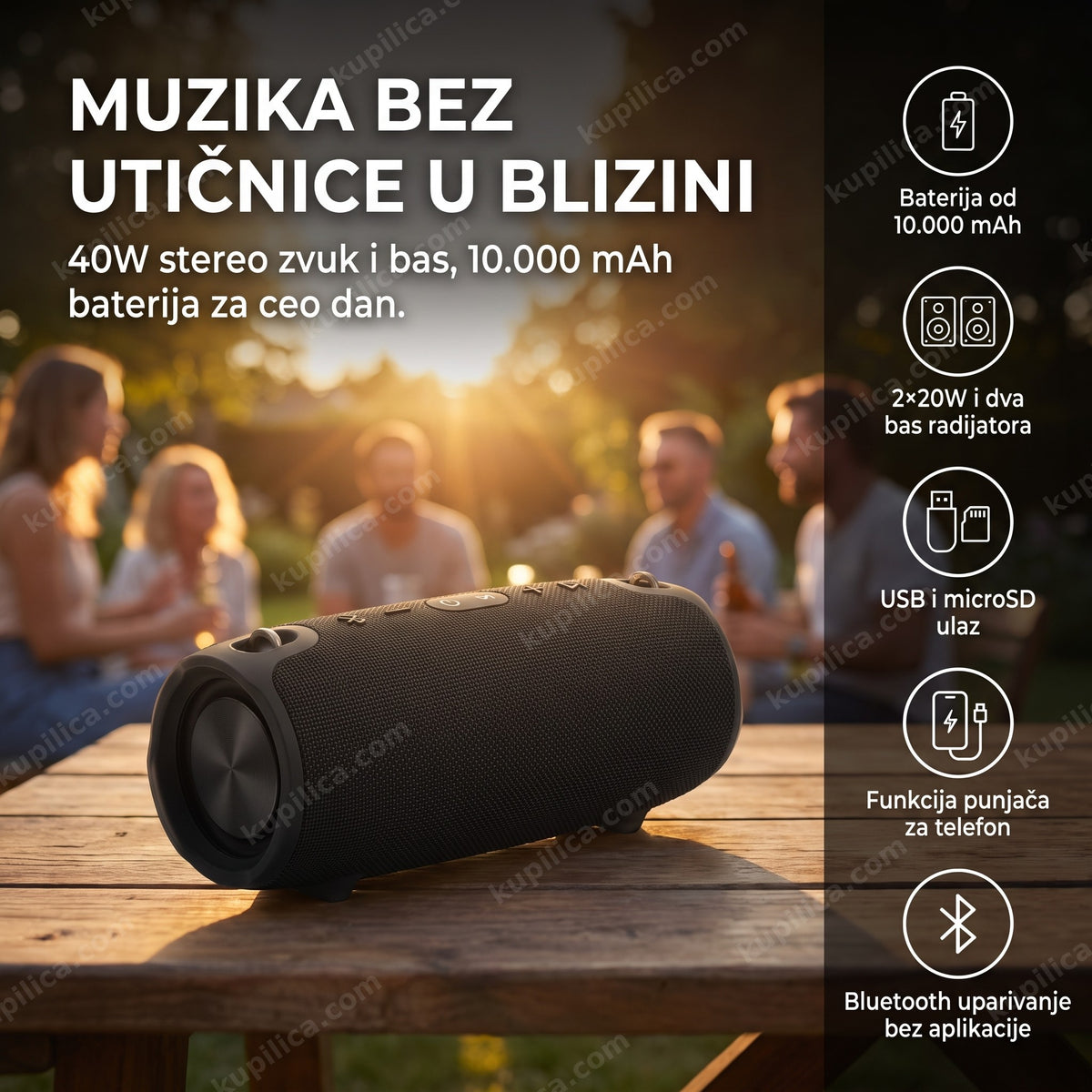 bluetooth zvučnik sa baterijom 2x20w u dvorištu, benefiti proizvoda