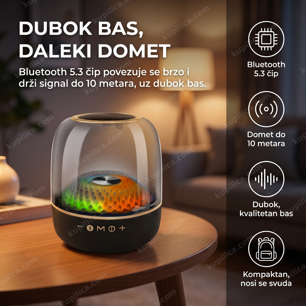 bluetooth zvučnik sa dubokim basom na stočiću u dnevnoj sobi sa RGB osvetljenjem — benefiti proizvoda