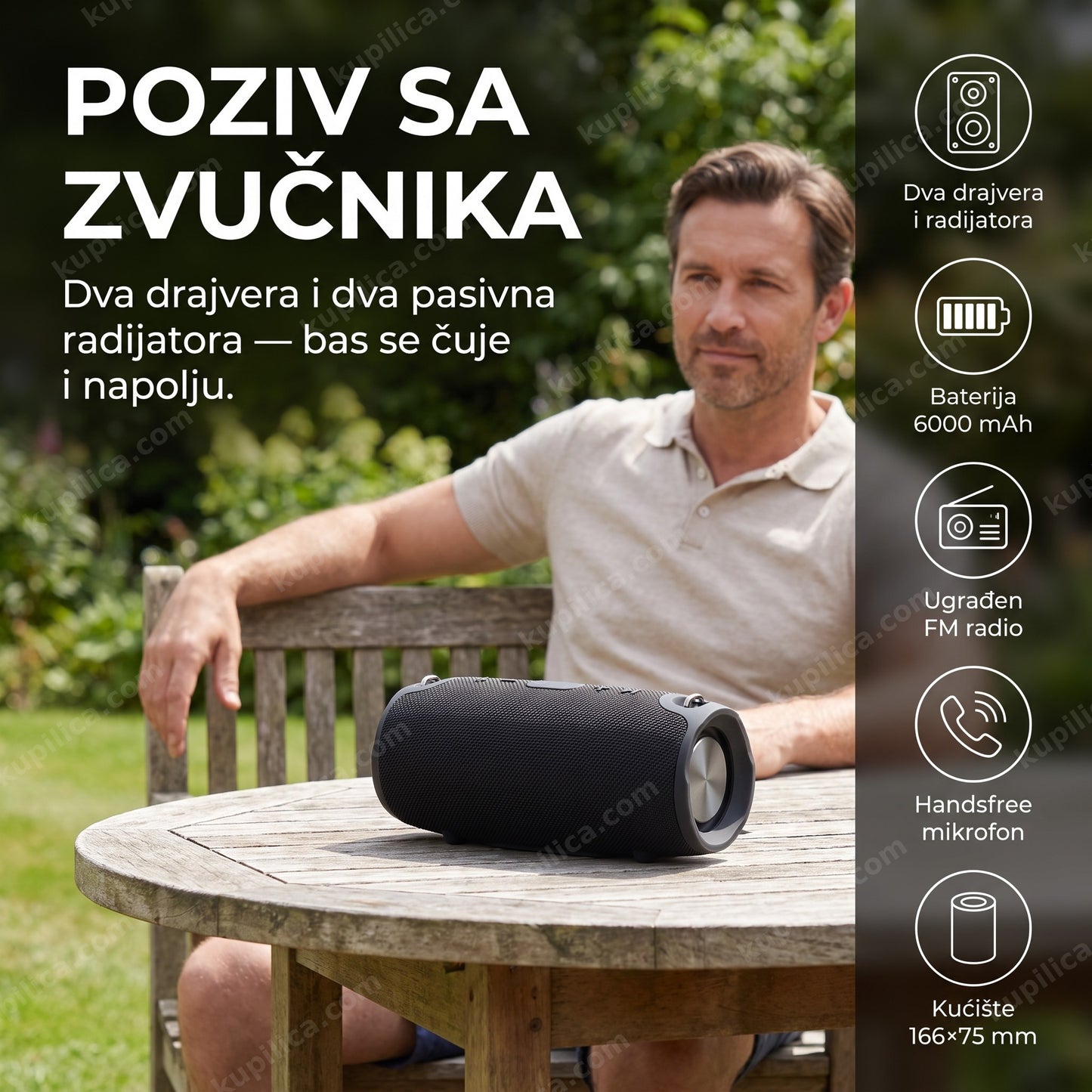 bluetooth zvučnik sa fm radiom — odrasla osoba u dvorištu sluša muziku sa zvučnika na stolu