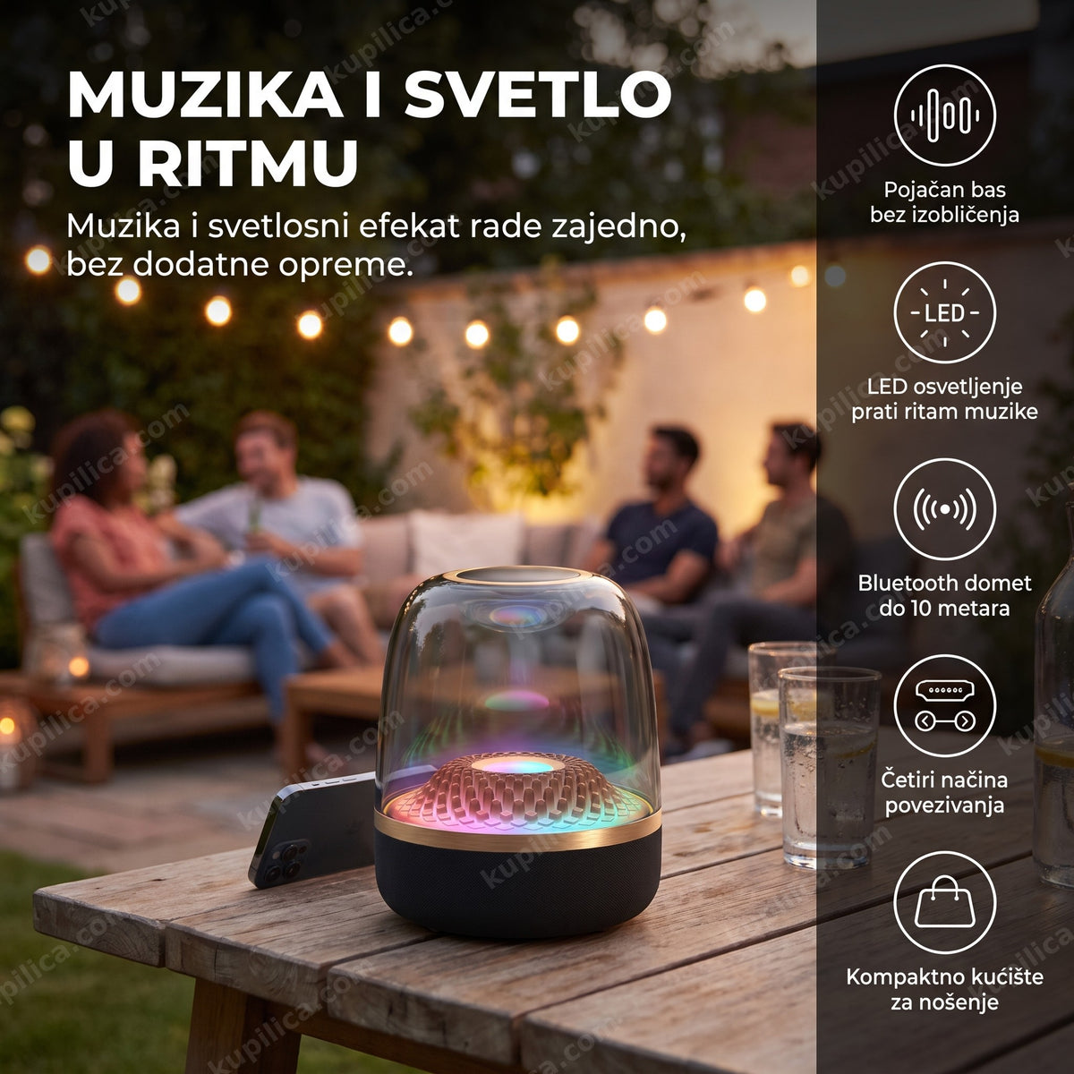 bluetooth zvučnik sa led osvetljenjem na terasi uveče, benefiti proizvoda