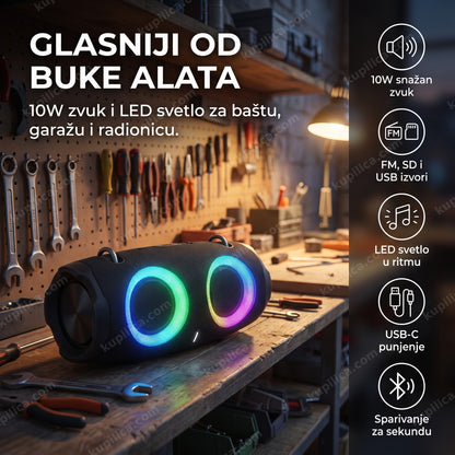 crni bluetooth zvučnik sa led svetlom u boji na polici u radionici, benefiti proizvoda