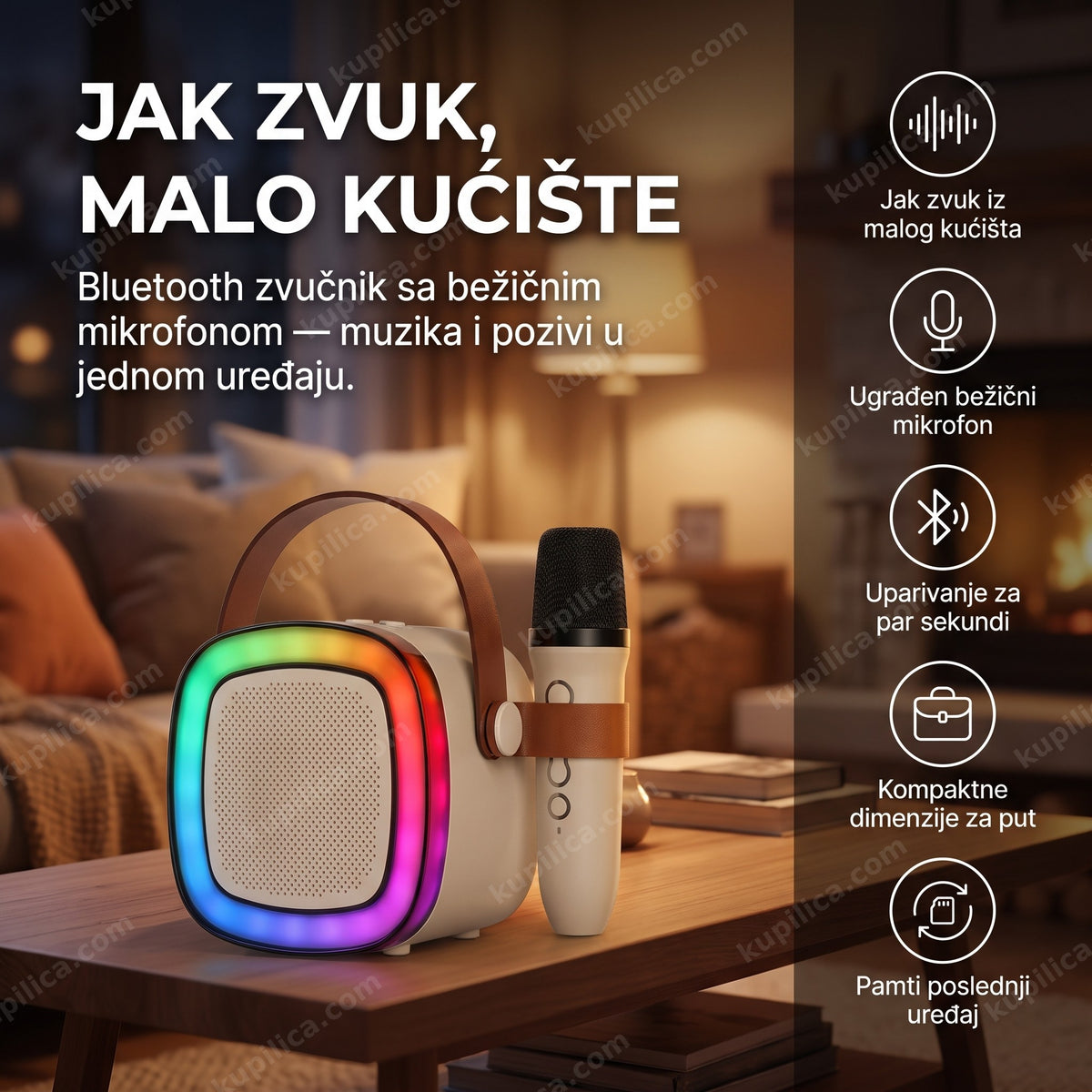 bluetooth zvučnik sa bežičnim mikrofonom na stolu u dnevnoj sobi, benefiti proizvoda